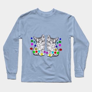 Kittens in Ink and Digital Flowers Long Sleeve T-Shirt